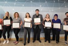 Seven Peterborough-area entrepreneurial businesses received a collective $35,000 in the spring 2022 intake of the provincially funded Starter Company Plus program offered by the Peterborough & the Kawarthas Business Advisory Centre. Pictured are Michelle Fenn, Kate Adams, Erin Burrell, Brigh Findlay-Shields, Jack Henry, Tavlyn Evans and Crystal Walker, and Andrew Fitzpatrick. Not pictured: Kendra Mancini and Sean Fitzpatrick.(Photo courtesy of Peterborough & the Kawarthas Economic Development)