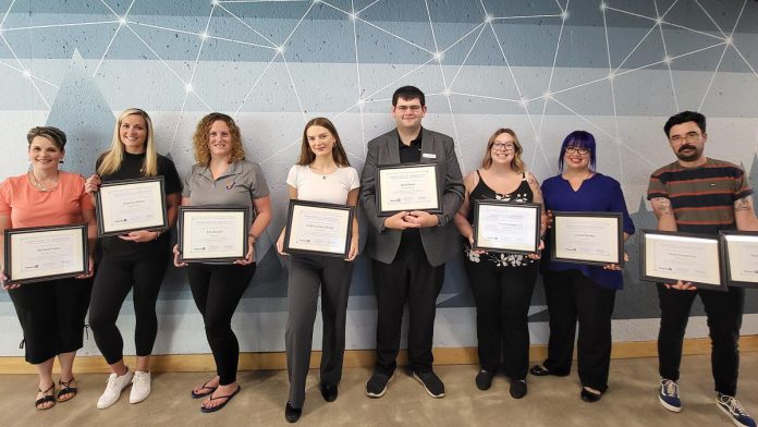 Seven Peterborough-area entrepreneurial businesses received a collective $35,000 in the spring 2022 intake of the provincially funded Starter Company Plus program offered by the Peterborough & the Kawarthas Business Advisory Centre. Pictured are Michelle Fenn, Kate Adams, Erin Burrell, Brigh Findlay-Shields, Jack Henry, Tavlyn Evans and Crystal Walker, and Andrew Fitzpatrick. Not pictured: Kendra Mancini and Sean Fitzpatrick.(Photo courtesy of Peterborough & the Kawarthas Economic Development)