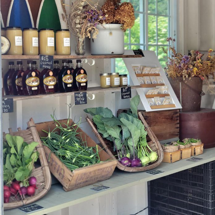 Along with her own products, Bea Chan stocks the shelves at her farm stand at Summer Roads Farm with products from other local farms and businesses, including maple syrup from Puddleduck Farms in Millbrook, handmade cards from The Critter Co., and handmade jams from the The Jam Cupboard. (Photo courtesy of Bea Chan)