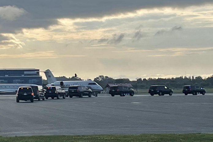 Prime Minister Justin Trudeau's motorcade arrives at the Peterborough airport early in the morning on July 21, 2023 for a flight to New York City, where Trudeau will meet with European Commission president Ursula von der Leyen and United Nations secretary-general António Guterres among other events. (Photo supplied to kawarthaNOW by an anonymous source)