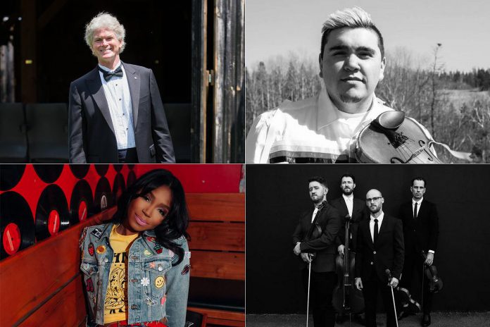 The summer festival of music at Westben in Campbellford continues on July 7 to 9, 2023 with performances by (left to right, top and bottom) Brian Finley, Morgan Toney, Sacha, and The Fretless. (kawarthaNOW collage of photos via Westben)