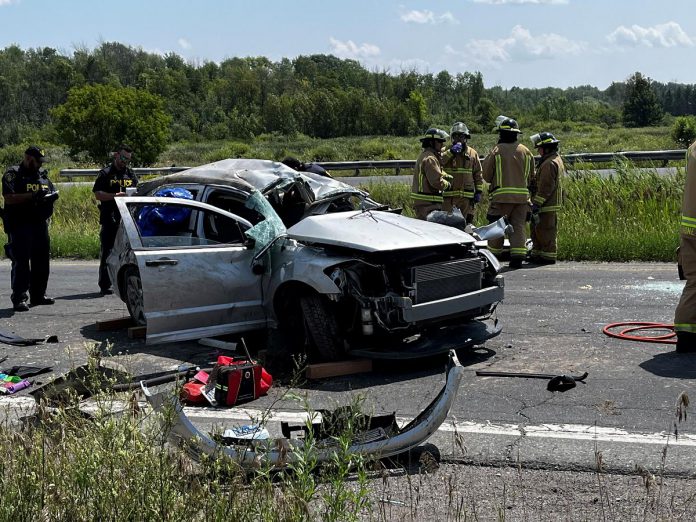 The 29-year-old driver of this vehicle was seriously injured in a single-vehicle collision on Highway 115 in Peterborough on August 9, 2023. (OPP-supplied photo)