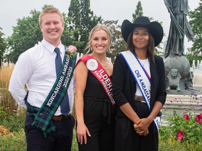 2023 CNE Ambassador of the Fairs Leah Lai (right) with first runner-up Taryn Kennedy of the Ilderton Agricultural Society (middle) and second runner-up Luke McBride of the Kincardine Agricultural Society. (Photo courtesy of Canadian National Exhibition)