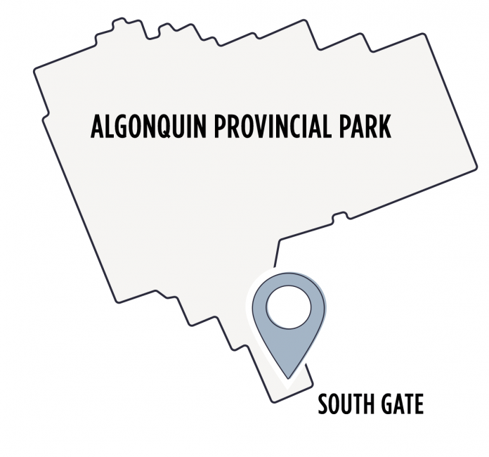 Affectionately called "Algonquin's panhandle" for its location as the narrow strip below the rectangular shape of the park on a map, Algonquin Park's South Gate is located near the hamlet of Harcourt on Elephant Lake Road and accessible right from the Haliburton Highlands. (Map courtesy of Algonquin Park South Gate)