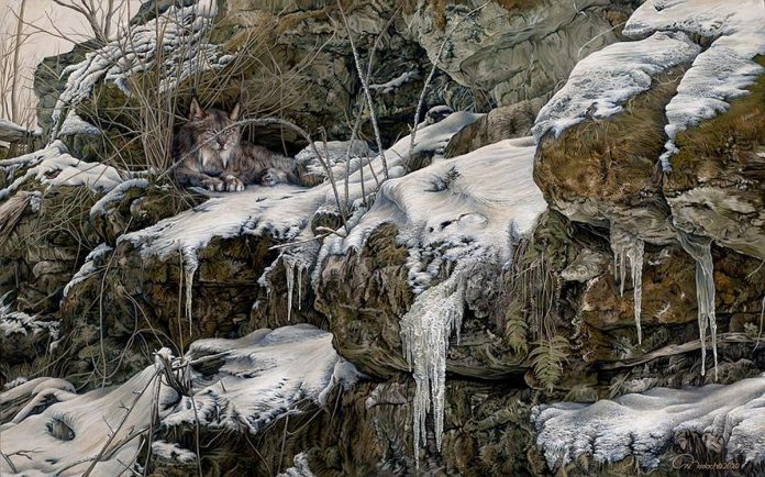 "Escarpment Limestone Nook with Lynx Preparing for Winter Hunt" by Harvey Bodach, one of several new artists participating in the 2023 Buckhorn Festival of the Arts on August 19 and 20 at the Buckhorn Community Centre. (Photo courtesy of Buckhorn Festival of the Arts)