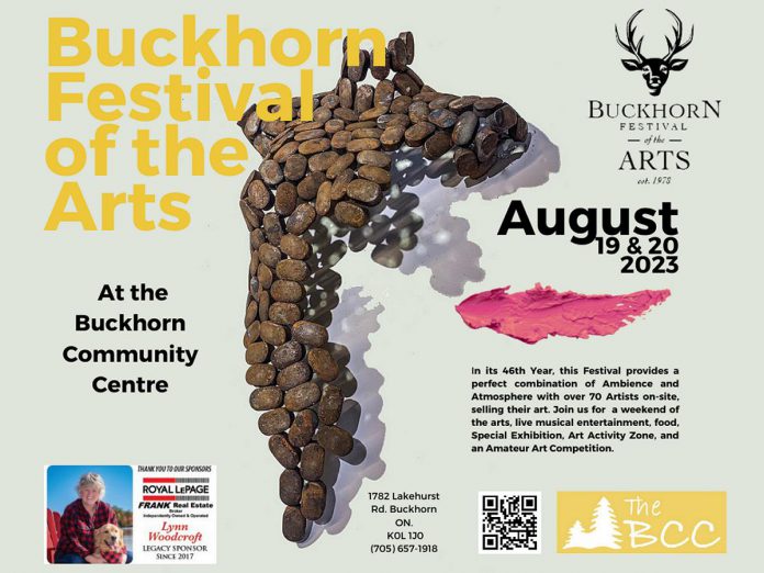 The 46th Buckhorn Festival of the Arts on August 19 and 20, 2023 at the Buckhorn Community Centre is a weekend of the arts, live musical entertainment, food, a Special Exhibit, an Art Activity Zone, an Amateur Art Competition, and more. (Poster courtesy of Buckhorn Festival of the Arts)