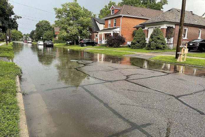 A flooded street in the City of Peterborough following the severe thunderstorms that swept across the region on August 3, 2023. (Photo: City of Peterborough / Twitter)