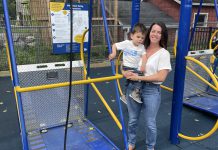 Julie Grant, shown holding her son Jude, is a big advocate for more accessible playgrounds and inclusive play structures, like the wheelchair swing at Peterborough’s Riverview Park and Zoo. (Photo courtesy of Five Counties Children's Centre)