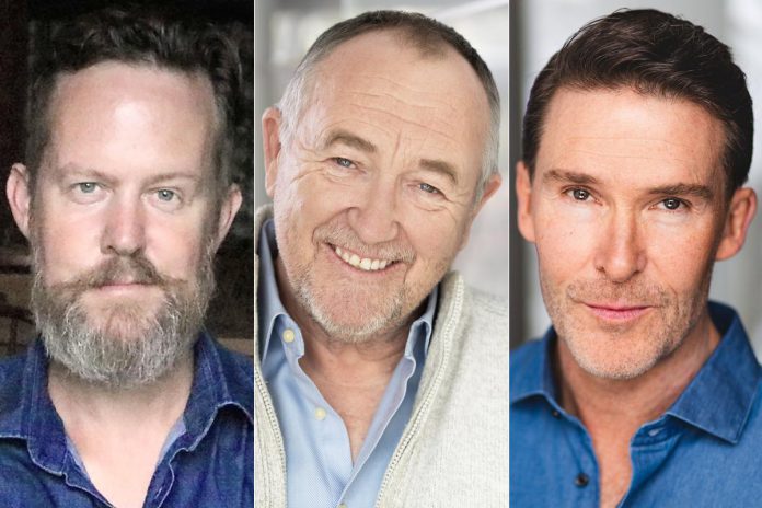 Co-playwright and songwriter Chris Rait along with actors Mark Whelan and Rick Hughes will perform in the Globus Theatre production of "Tip of the Iceberg", which runs for 12 performances from August 2 to 12, 2023 at the Lakeview Arts Barn in Bobcaygeon. (kawarthaNOW collage of supplied photos)