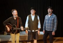 "Tip of the Iceberg" co-playwright and songwriter Chris Rait along with actors Mark Whelan and Rick Hughes during a rehearsal for the musical comedy, which runs for 12 performances from August 2 to 12, 2023 at the Lakeview Arts Barn in Bobcaygeon. (Photo: Globus Theatre)