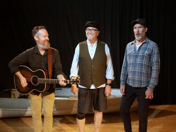 "Tip of the Iceberg" co-playwright and songwriter Chris Rait along with actors Mark Whelan and Rick Hughes during a rehearsal for the musical comedy, which runs for 12 performances from August 2 to 12, 2023 at the Lakeview Arts Barn in Bobcaygeon. (Photo: Globus Theatre)