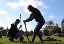 Orchard stewards planting fruit trees in City of Peterborough public parks last fall with the Edible Infrastructure program that GreenUP helps lead alongside Nourish. As well as producing food for people and animals, trees help mitigate the effects of climate change. (Photo: Jessica Todd / GreenUP)