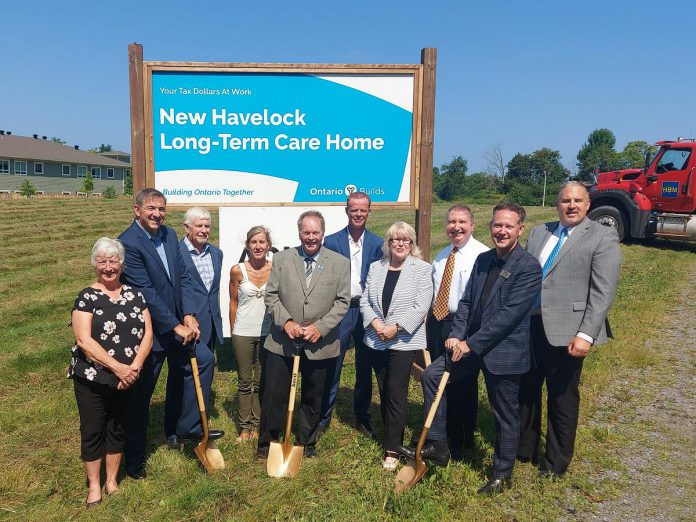 Peterborough-Kawartha MPP Dave Smith, Township of Havelock-Belmont-Methuen Mayor Jim Martin, and AON Inc. president and CEO Brad Smith prepare to officially break ground on the new 128-bed long-term care home to be called "Station Place" in the village of Havelock in Peterborough County during an event on August 9, 2023. (Photo courtesy Township of Havelock-Belmont-Methuen)