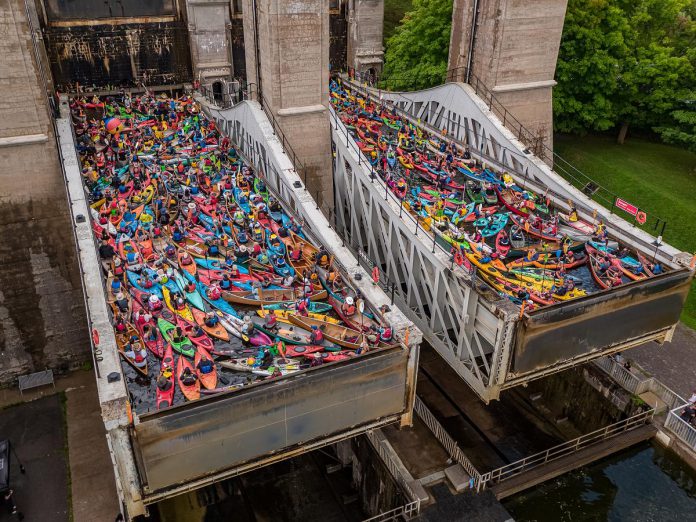 More than 600 people took part in the fifth annual Lock & Paddle event at the Peterborough Lift Lock on August 26, 2023, paddling 403 canoes and kayaks into the two tubs at the world's tallest hydraulic lift lock over four lockages. (Photo: Trent-Severn Waterway National Historic Site, Parks Canada / Facebook)