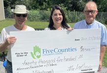 Lyn Giles of Five Counties Children's Centre (middle) accepts a $20,500 donation from Masons Steve Kirton (left) and Drew Wilson made by the Peterborough District Masonic Association and and the Masonic Foundation of Ontario. The funds will go directly to help more children and youth access speech and occupational therapies at Five Counties Children's Centre. (Photo courtesy of Five Counties Children's Centre)