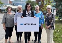 On August 23, 2023, Ross Memorial Hospital Foundation CEO Erin Coons (middle) accepted a $20,000 cheque from longtime members of the Ops Ladies Auxiliary (left to right) Marion Brumwell, Joan Magahay, Noreen Brasier, and Anne Walker at Ross Memorial Hospital in Lindsay. The volunteer group is disbanding now that the Ops Community Centre and Arena has been demolished. (Photo courtesy of Ross Memorial Hospital Foundation)