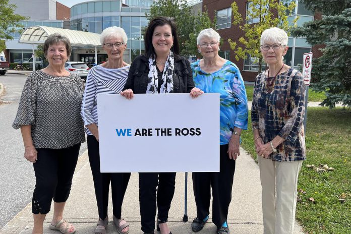 On August 23, 2023, Ross Memorial Hospital Foundation CEO Erin Coons (middle) accepted a $20,000 cheque from longtime members of the Ops Ladies Auxiliary (left to right) Marion Brumwell, Joan Magahay, Noreen Brasier, and Anne Walker at Ross Memorial Hospital in Lindsay. The volunteer group is disbanding now that the Ops Community Centre and Arena has been demolished. (Photo courtesy of Ross Memorial Hospital Foundation)