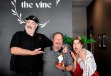 The Vine co-owner Tyrone Flowers (left) with "Papa Tom" (the inspiration behind the classic virgin Caesar that won The Vine the Caesar Fest trophy) during downtown Peterborough's first-ever celebration of Canada's favourite cocktail held during July. Also pictured is local performance artist Naomi Duvall, who was hired by the Peterborough Downtown Business Improvement Area (DBIA) to help promote the festival. (Photo courtesy of Peterborough DBIA)