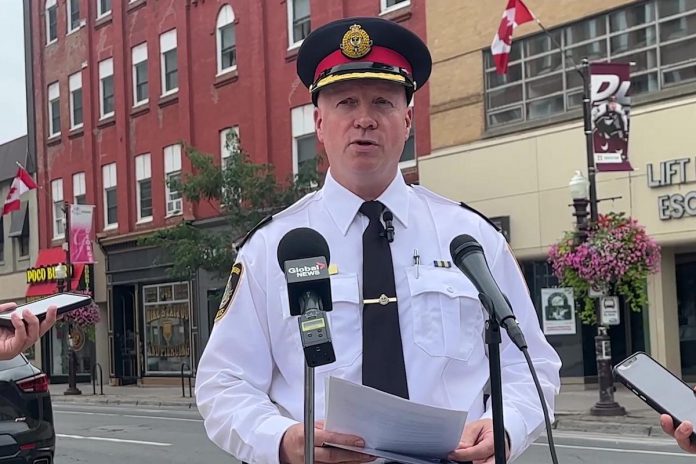 On August 15, 2023, Peterborough police chief Stuart Betts announced that 32-year-old William Weir has been arrested for the stabbing death of 27-year-old Jacob Jansen on August 8. (kawarthaNOW screenshot of Peterborough police video)