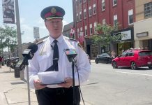Peterborough police chief Stuart Betts updates the media on August 8, 2023 on a stabbing incident in downtown Peterborough late the previous night that resulted in the death in hospital of a man in his late 20s. (kawarthaNOW screenshot of YouTube video)