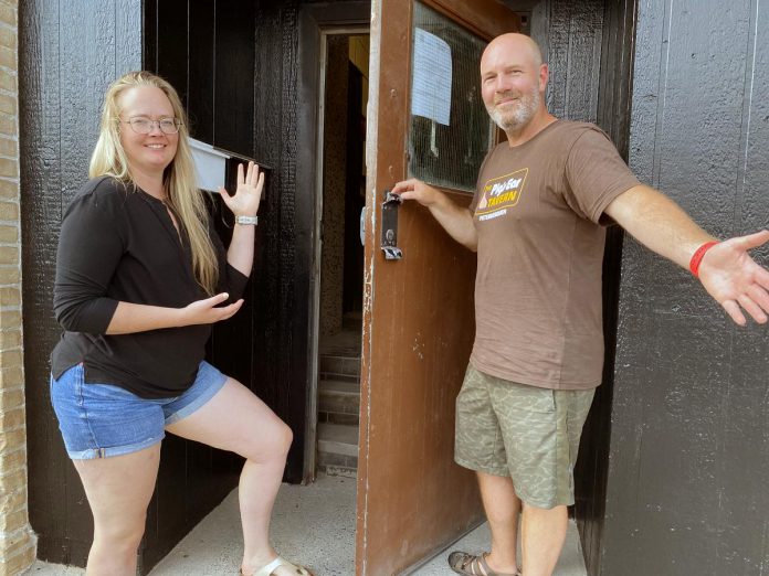 Owners Ashley Holmes and Steve Robertson are looking forward to welcoming both new and returning patrons to The Pig's Ear Tavern when it reopens in fall 2023. Work is still underway inside the pub to restore it to its former glory.  (Photo: Paul Rellinger / kawarthaNOW)