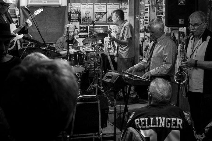 Writer Paul Rellinger at the final Peterborough Musicians Benevolent Association's monthly Deluxe Blues Jam at the The Pig's Ear Tavern on April 15, 2017. The monthly fundraiser is now held at Dr. J's BBQ and Brews. (Photo: SLAB Productions)