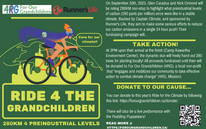 As well as raising funds for the local environmental non-profit organization For Our Grandchildren, the 280-kilometre 'Ride 4 The Grandchildren' event on September 30, 2023 will draw attention to the amount of C02 that was in the atmosphere (280 parts per million) when the planet had a stable climate prior to the industrial revolution. That level is now at 424 parts per million and continues to rise. (Poster: For Our Grandchildren)