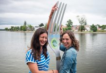 Kawarthas Northumberland is promoting its Taste of the Trent-Severn Waterway (TSW) culinary tourism program with a giant fork that's over six feet tall. Pictured at Campbellford's The Dockside Bistro, the giant fork will be passed between businesses participating in the program, both providing a fun photo opportunity for guests and the potential to win fun prizes from some of the businesses. (Photo courtesy of Kawarthas Northumberland / RTO8)