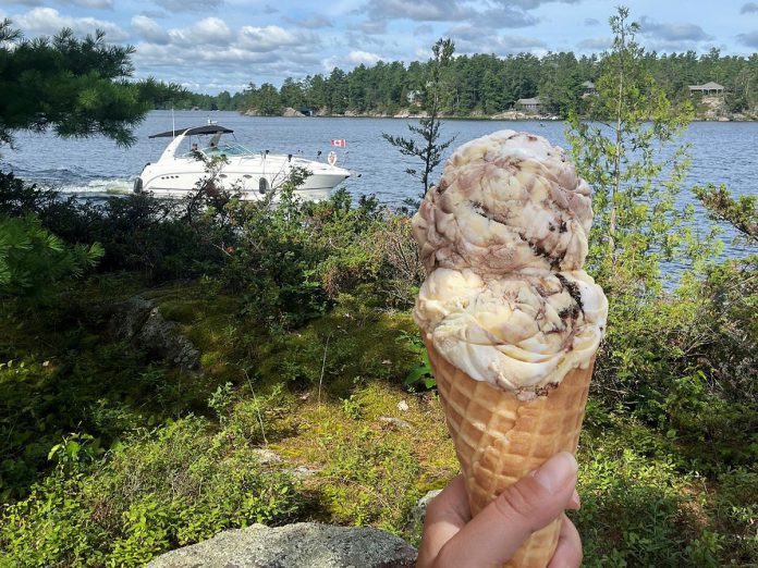 For Kawarthas Northumberland's Taste of the Trent-Severn Waterway culinary program, Kawartha Dairy is serving up the "Banana Boat on the Trent-Severn." Available from Kawartha Dairy's Bobcaygeon, Lindsay, and Peterborough locations, the ice cream is a taste of a cottage country campfire, with the sweet and fruity combination of banana, marshmallow, and chocolate. The sweet tooth satisfier pays homage to the roots of the 80-year-old family business as, back when it was founded, Kawartha Dairy made cottage deliveries by boat along the waterway. (Photo courtesy of Kawarthas Northumberland / RTO8)