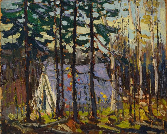 "Tom Thomson's Wake" includes high-definition imagery of paintings by Thomson and the Group of Seven from the Art Gallery of Ontario. Pictured is The Artist's Camp, Canoe Lake, Algonquin Park (1915, oil on wood, 21.9 x 27.2 cm) by Tom Thomson. Over the years, Thomson painted at least four images of his tent. (Photo: Michael Cullen / The Thomson Collection at the Art Gallery of Ontario)
