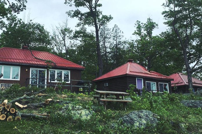 Some of the damage at Viamede Resort on Stoney Lake after the May 21, 2022 derecho wind storm, including cabins damaged by fallen trees. (Photo: Viamede Resort / Facebook)