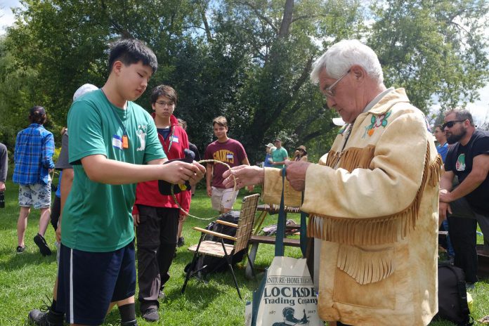 When not on the water, the group was treated to teachings by Curve Lake First Nation Chief Keith Knott, Canadian Bushcraft owner Caleb Musgrave of Hiawatha First Nation, Brittany Taylor of Curve Lake First Nation, and Curve Lake Elder Lorenzo Whetung. (Photo: Dorianna Chessa)