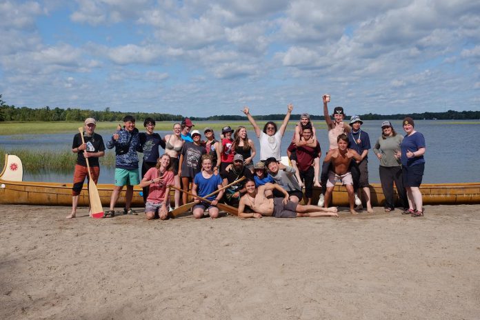 Five on-water leaders including Peterborough musician, puppeteer, and environmental educator Glen Caradus (far left) accompanied the 20 First Nations and non-native youth who paddled 100 kilometres from Beavermead Park in Peterborough to Curve Lake First Nation in Rotary Club of Peterborough Kawartha's eighth annual Adventure In Understanding trip.  (Photo: Dorianna Chessa)