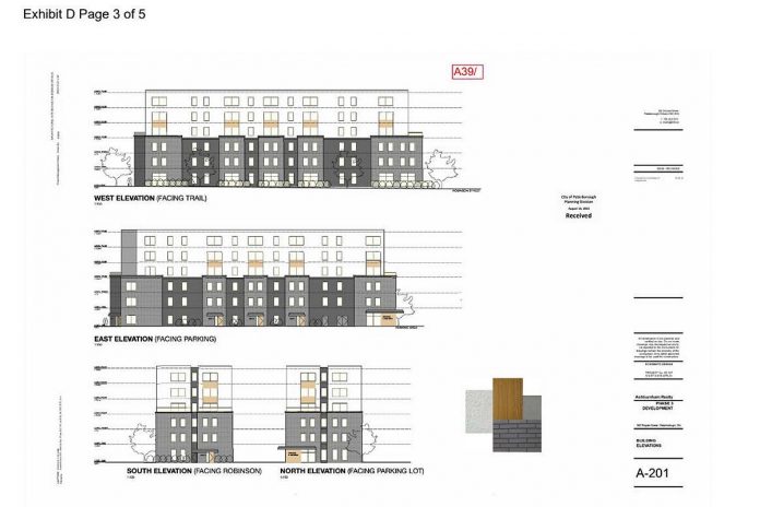 Lett Architects presented a revised site plan to the City of Peterborough's committee of adjustment on September 19, 2023, with this portion showing the doubling of height of a building to be constructed along the Rotary Greenway Trail just north of Robinson Street. While the committee approved the height increase, the city still needs to approve the site plan. (Graphic: Lett Architects)