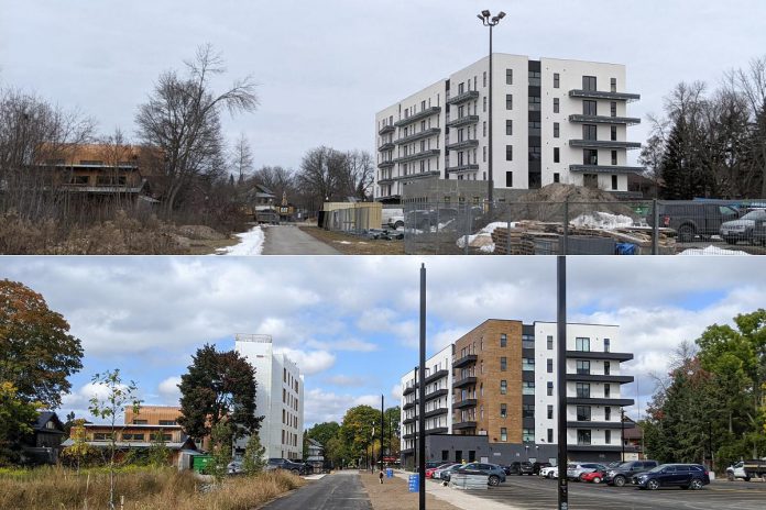 Between January (top) and September (bottom) of this year, Ashburham Realty has completed a six-storey building at 127 Hunter Street West and is constructing a five-storey building at 109 Hunter Street East. The property around the Rotary Greenway Trail between Robinson Street to the south and Hunter Street to the north has also been significantly landscaped and the trail itself has been straightened and repaved.  (Photos: Bruce Head / kawarthaNOW)