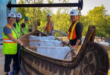As construction continues on the new Canadian Canoe Museum at 2077 Ashburnham Drive in Peterborough, canoes and kayaks began making their way to their new home in the Exhibition Hall during the final "Big Lift" operation, where a crane lifts the watercraft up to the second floor of the new building. (Photo courtesy of The Canadian Canoe Museum)