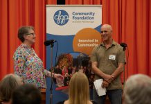 Community Foundation of Greater Peterborough executive director Jennifer DeBues (left) with Jacob Rodenburg, executive director of outdoor and environmental organization Camp Kawartha, during the Foundation's June 2023 community celebration of local non-profit organizations, agency fund holders and designated fund holders, donors, supporters, and Foundation board members past and present. For the past 10 years, DeBues has worked to help the Foundation fulfill its purpose of inspiring giving to build a vital community for everyone. (Photo: Wayne Eardley courtesy of the Community Foundation of Greater Peterborough)