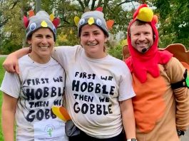 Mascot Jive (right) with two participants in the 2021 Fenelon Falls Turkey Trot. The annual event returns for 2023 on Saturday, October 7th at Garnet Graham Beach Park. The inclusive family fun run/walk for people of all ages and abilities features distances of 1K, 5K, and 10K with prizes for all finishers. (Photo: Fenelon Falls Turkey Trot / Facebook)