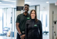 Trent Health in Motion physiotherapists and co-owners Reanna Montopoli and Michael Williams. Longtime participants in the Shifting Gears Commuter Challenge, Trent Health in Motion is a member of Green Economy Peterborough that recognizes active commuting as a great contribution to emissions reduction for their business. (Photo: Terri Lyn Thomas / Kaspi Creative)