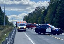 Police and emergency vehicles at the scene of a serious single vehicle collision on Highway 28 between Eels Lake Road and Dyno Road in North Kawartha Township on September 19, 2023. (Photo: Roger Cormier)