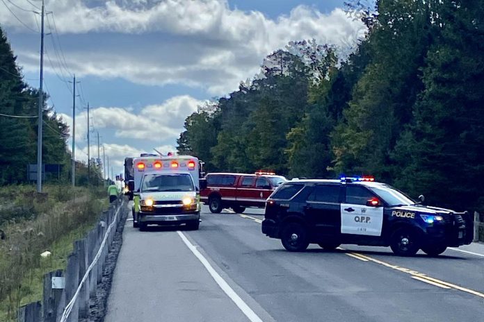 Police and emergency vehicles at the scene of a serious single vehicle collision on Highway 28 between Eels Lake Road and Dyno Road in North Kawartha Township on September 19, 2023. (Photo: Roger Cormier)