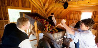 Learn how 19th-century settlers preserved the fall harvest and prepared for the winter during Applefest at Lang Pioneer Village Museum in Keene on October 1, 2023. There will be many historic demonstrations including cider pressing at the Cider Mill, as well as live entertainment, games and crafts, apples and apple products to purchase, and more. (Photo: Lang Pioneer Village Museum)