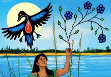 Anishinaabe and Potawatomi artist Chief Lady Bird created this illustration for the annual Mnoominkewin gathering, a celebration of wild rice and Indigenous food sovereignty and cultural resurgence. This year's gathering returns to Curve Lake First Nation on September 23, 2023, and holds special significance on the 100-year anniversary of the 1923 Williams Treaty that curtailed the inherent right of Michi Saagig Nishnaabeg to freely engage in harvesting, hunting, and fishing. (Illustration: Chief Lady Bird)