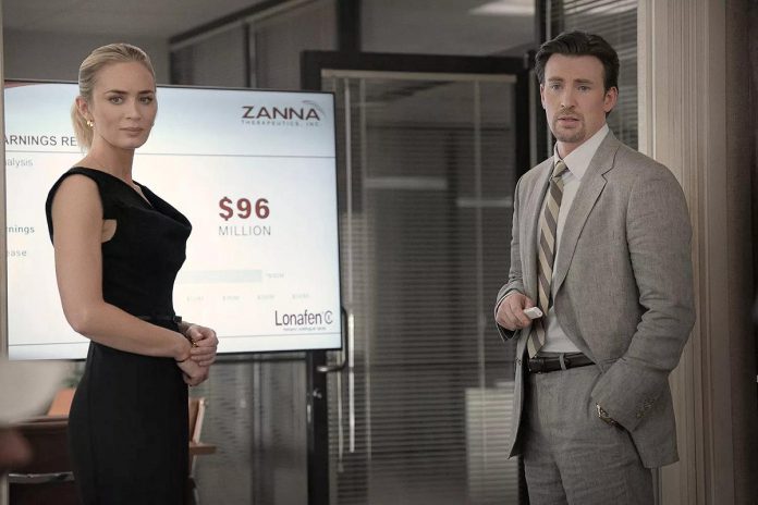 Emily Blunt and Chris Evans star in the Netflix crime drama film in "Pain Hustlers," which tells the story of a suddenly unemployed blue-collar single mom (Blunt) who gets hired after a chance meeting with pharmaceutical sales rep Pete Brenner (Evans) but soon finds herself at the centre of a criminal conspiracy. The film is scheduled to be released in selected theatres on October 20 before coming to Netflix on Friday, October 27th. (Photo: Brian Douglas / Netflix)