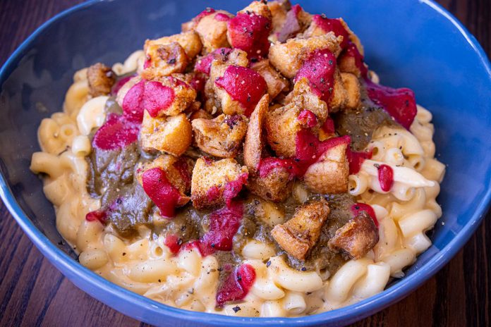 Peterborough's Mac + Cheese Festival runs all month long in October with 21 mac and cheese dishes offered at 20 different downtown eateries, including this "Macsgiving" dish at Boardwalk Game Lounge. (Photo: Peterborough Downtown Business Improvement Area)