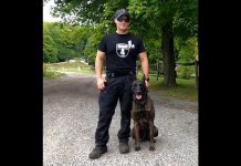 Peterborough police constable Dillon Wentworth with police service dog Gryphon at the 2023 National Police Dog Competition held in Barrie from September 5 to 9, 2023. (kawarthaNOW screenshot of Peterborough Police Service video)