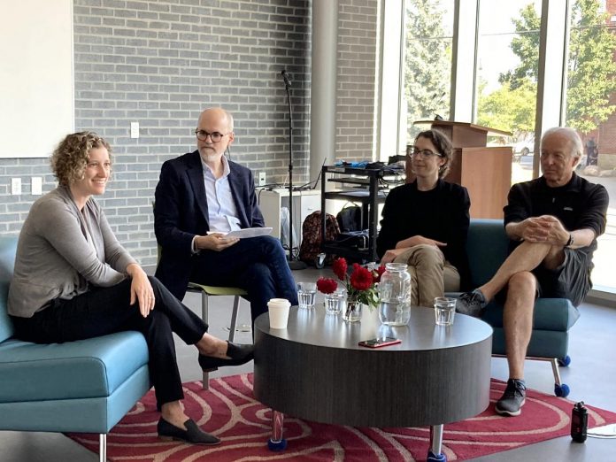 Jonathan Bennett (second from left), board chair of the newly formed Peterborough Community Health Centre not-for-profit organization, moderated a "fireside chat" panel discussion on September 21, 2023 at the Peterborough Public Library with physicians Dr. Jaclyn Vanek (left), Dr. Andrea Zukowski, and Dr. John Beamish. (Photo courtesy of Peterborough Community Health Centre)