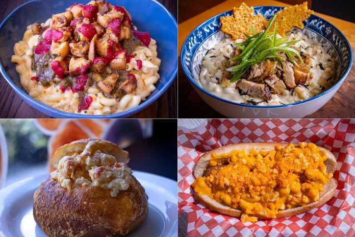 Four of the 21 dishes on offer from 20 downtown Peterborough eateries during the third annual Mac + Cheese Festival in October 2023. From left to right, top and bottom: Boardwalk Game Lounge's "Macsgiving," Naka Japanese's "Tonkotsu Mac," Tragically Dipped's "Mac in a Bread Bowl," and Sam's Place Weinery's "Mac-a-Ronnie Hawkins Dog." (kawarthaNOW collage of Peterborough DBIA photos)