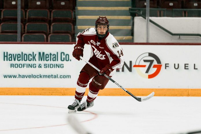 Brennan Faulkner scored the lone goal in the Peterborough Petes' first game of the preseason against the Niagara IceDogs in St. Catharines on September 2, 2023. Having lost that game 7-1, the Petes have a chance to even up the score when they face off again against the IceDogs in Millbrook on September 23. (Photo: David Pickering)