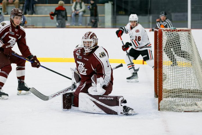 Peterborough Petes goalie Liam Sztuska stopped 45 of the 46 shots he faced from the Niagara IceDogs at the final OHL preseason game on September 23, 2023 at Cavan Monaghan Community Centre in Millbrook. With the 3-1 win over the IceDogs, the Petes ended up 3-2 in the preseason. (Photo: David Pickering)